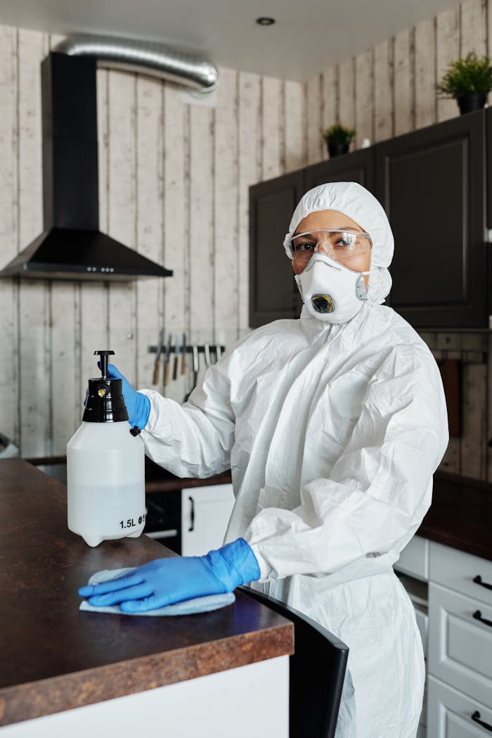 about-img-01 Female disinfection specialist in protective gear cleaning a kitchen indoors.
